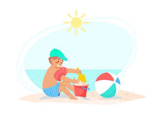 Toddler in swimming shorts, inflatable armbands and sunhat plays with bucket and spatula in sand on seashore. Vector illustration of family holiday with child at sea. 