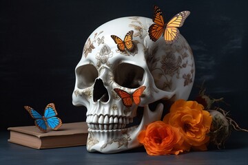 Wall Mural - flower halloween skull bone art death skeleton butterfly illustration design. Generative AI.