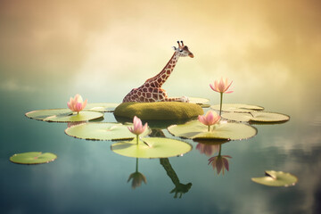 Generative ai unrealistic surreal fairy giraffe floating on lilly pod