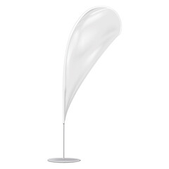 Wall Mural - White blank bow teardrop flag realistic vector mockup. Tear drop banner with round metal base mock-up. Vertical event windflag template for design