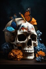 Wall Mural - skull skeleton butterfly halloween flower illustration bone design art death. Generative AI.