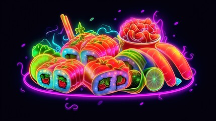 Wall Mural - Neon set of sushi and rolls against dark background. AI generation