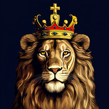 Lion King With Golden Crown. Digital Artwork. Ai Generative Image