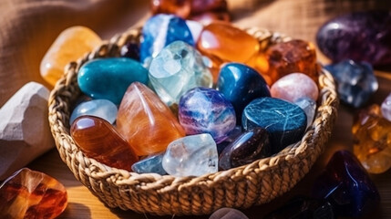 Chakra gemstones crystals and nature magic things. Witchcraft Ritual, energy healing minerals. flat lay. Multi-colored crystals on a dark blue-gray background. Close-up. Generative AI