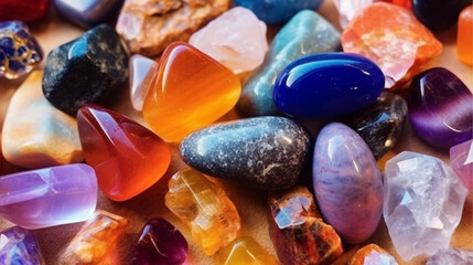 Wall Mural - Chakra gemstones crystals and nature magic things. Witchcraft Ritual, energy healing minerals. flat lay. Multi-colored crystals on a dark blue-gray background. Close-up. Generative AI