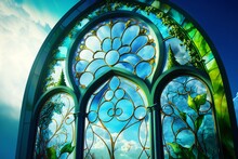 Stained Glass Window With Green Blue Tiles With Tree Pattern