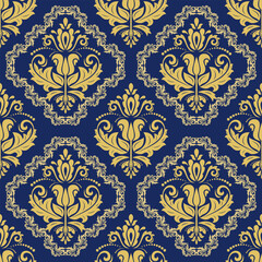 Wall Mural - Classic seamless vector pattern. Damask navy blue and golden orient ornament. Classic vintage background. Orient pattern for fabric, wallpapers and packaging