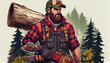 Hipster with beard on serious face carries axe on shoulder sky on background Lumberjack brutal and bearded holds axe. Generative AI