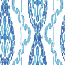 Rhombus Ikat Vector Pattern. Ogee Geometric Print. Abstract Ethnic Kilim. Vibrant Carpet Rug Chevron Motif. Blue And Indigo Wet Vintage Tie Dye Ornament. Watercolor Batik Seamless Design.