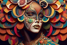 Colorful Art Deco Woman Covered In Organic Flower Patterns, Abstract Female Portrait, Fictional Person Created With Generative Ai