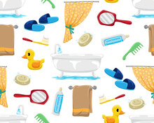 A Seamless Pattern Of Bathroom Items On A White Background.