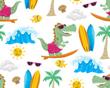 Seamless Pattern Vector Of Beach Summer Holiday Elements With Dinosaur Surfboarding