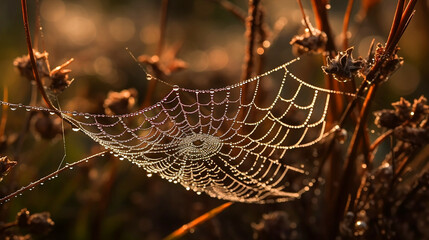 Wall Mural - spider web with dew drops in the morning. Generative AI	