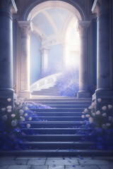 Wall Mural - stairs covered with fantasy flowers leading to door with light