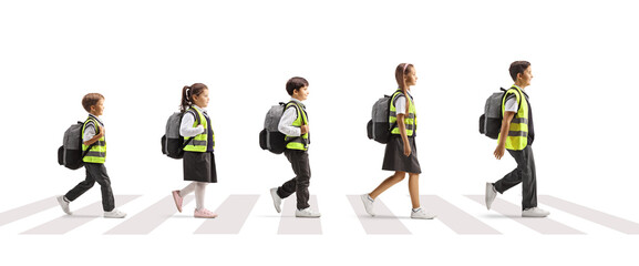 Wall Mural - Children with safety vests crossing street in a line