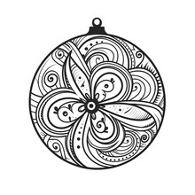 Flourish Round Christmas Ornament Drawn In Flat Black Thick Line Art, In The Shape Of A 5-point Star, Isolated On White Background
