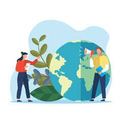 Wall Mural - green technology, environmental care and sustainable development banner with man and woman holding r