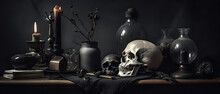 Dark Macabre Skull Still Life Background - Generative AI - Dark Art