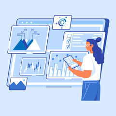 Poster - manager testing and analyzing graph reports, business targets, company success at rate scale chart. 