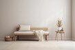 © Iryna - Neutral beige wall copy space. Monochrome empty room with minimalist bench and boho decor. Wall scene mockup product. Promotion background. Generative AI.