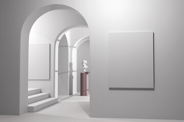 Wall Mural - on wall in gallery with picture frame mockup , minimalistic design, 3D render