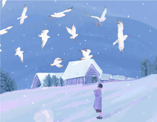 Girl Enjoying Snowfall In Winter While Ross's Geese ,snow Geese Flying In The Sky Digital Art Illustration