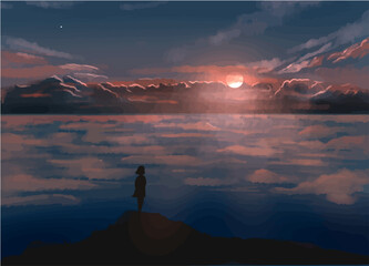 Wall Mural - Girl watching sunset from mountain over sea digital art illustration