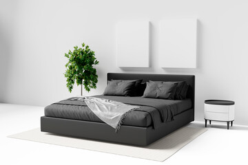 Wall Mural - Interior poster mock up on the wall with black bed and flower in bedroom interior. 3D rendering.