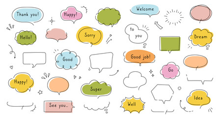 Poster - Line simple balloon frame for text title. Line decoration simple speech bubble set with comic cloud, balloon, arrow element. Hand drawn doodle sketch style. Vector illustration.
