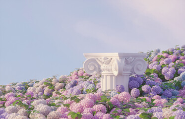 Poster - Natural beauty podium backdrop for product display with Hydrangea field. 3d rendering.
