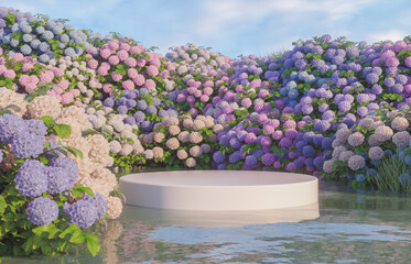 Poster - Natural beauty podium backdrop for product display with Hydrangea field. 3d rendering.