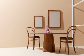 Wall Mural - Dining room interior with mock up poster frame, wooden table, chair, black dishes and accessories. Sunny and light space. Beige walls. 3d render