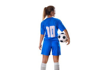  Portrait of young female soccer player standing with back with soccer ball standing on isolated Background.