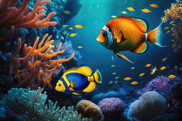 Animals of the underwater sea world. Ecosystem. Colorful tropical fish. Life in the coral reef. (ai generated)