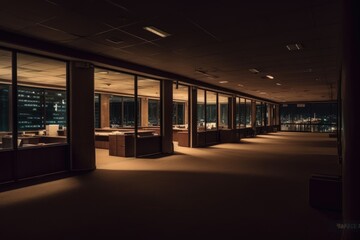 Wall Mural - Empty modern office space at night generative ai illustration 