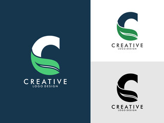 Initial Letter C Logo with Green Leaf vector on 
three color variations . Usable for Branding and Nature Logos. Flat Vector Logo Design Template Element