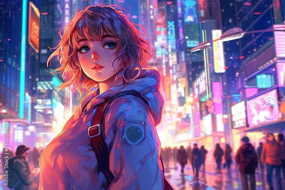 Anime girl globetrotter, standing in the middle of a bustling city ...