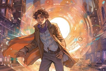 Wall Mural - Time traveler, with a sonic screwdriver and a egg spaceship, exploring different eras and dimensions throughout history, manga style illustration generative ai