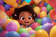 © ADDICTIVE STOCK - Generative AI illustration of cute African American cartoon girl with Afro hairstyle and colorful accessories smiling happily while standing among multicolored balloons