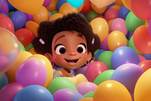 Generative AI Illustration Of Cute African American Cartoon Girl With Afro Hairstyle And Colorful Accessories Smiling Happily While Standing Among Multicolored Balloons