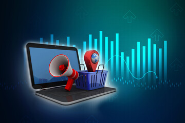 Poster - 3d  rendering travel and navigation in basket near megaphone with laptop


