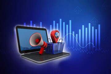 Poster - 3d  rendering travel and navigation in basket near megaphone with laptop



