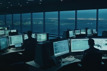 Diverse Air Traffic Control Team Working in a Modern Airport Tower. Office Room is Full of Desktop Computer Displays. Generative AI