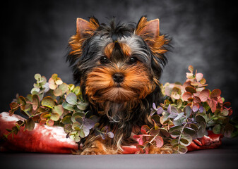 Sticker - Yorkie puppy lies in the leaves in the studio