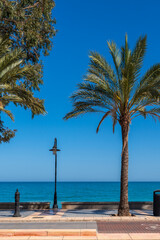 Wall Mural - Minimalist composition with a lantern on the promenade. A sunny warm day at a resort in Spain.