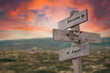 become the expert text quote on wooden signpost outdoors in nature. Pink dramatic skies in the background.