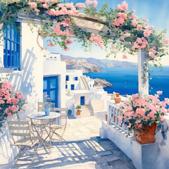 watercolor painting of beautiful house in Greece. hand drawn, painting with white building, Seaview, alley, door, window, bougainvillea,  houseplant, pot and blue sky 