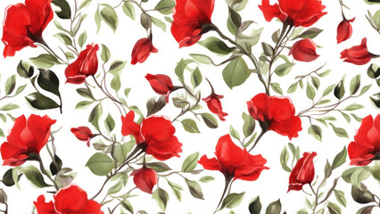 Poster - Seamless floral freehand pattern. Square background with red rose flowers and leaves. Hand painted watercolor on canvas. generative ai