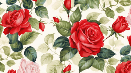 Poster - Seamless floral freehand pattern. Square background with red rose flowers and leaves. Hand painted watercolor on canvas. generative ai
