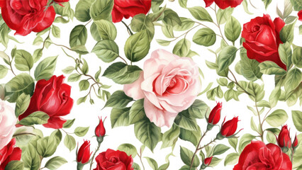 Poster - Seamless floral freehand pattern. Square background with red rose flowers and leaves. Hand painted watercolor on canvas. generative ai